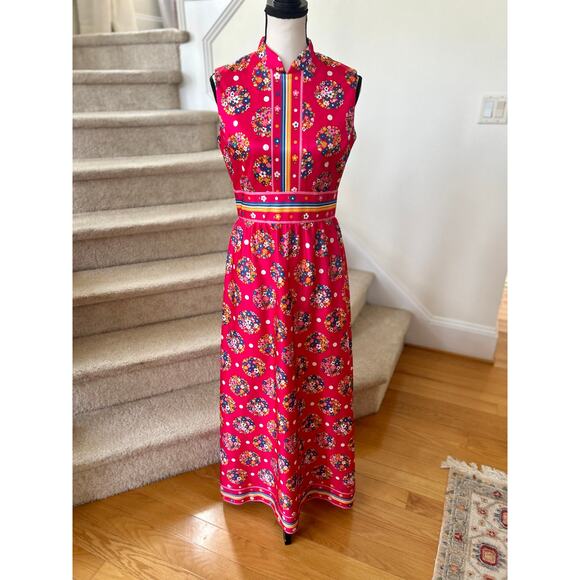 Vintage 70s 60s Hot Pink Floral & Stripe Sleeveless Maxi Hostess Dress - Picture 1 of 7